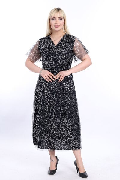 modayız Double Breasted Neckline Plus Size Sequined Gray Evening Dress 13C-2328