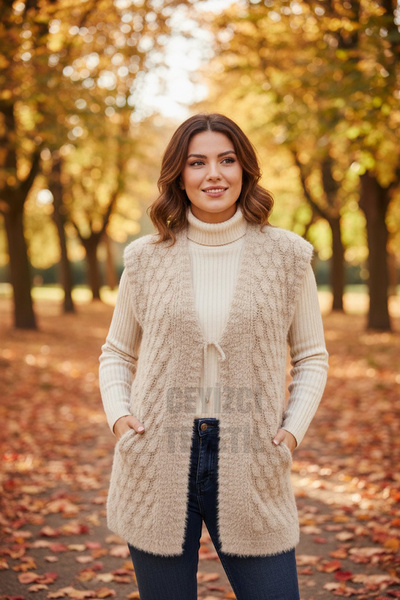 Çt Çeyizci Tekstil Γυναικείο γιλέκο Soft Knitting Pocket Γιλέκο, Προίκα Πλεκτό Γιλέκο - Καπουτσίνο