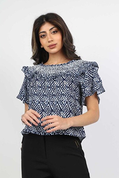 Nichii Women's Short Sleeve Open Neck Printed Blouse