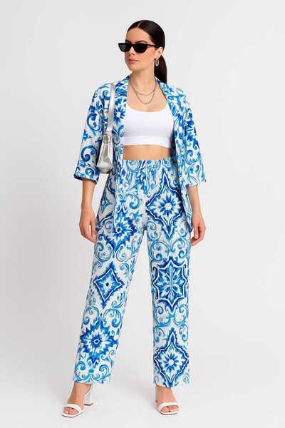 MODA Women's Light Blue Patterned Kimono and Trousers Double Set