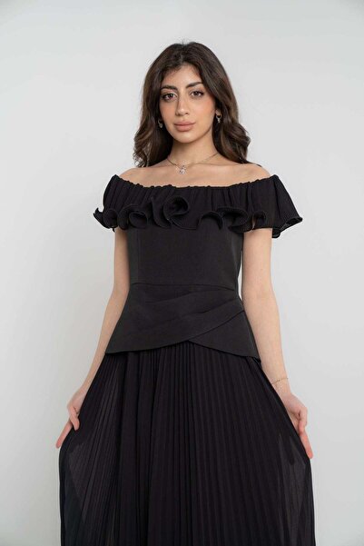 Nichii Pleated Off-Shoulder Midi Evening Dress