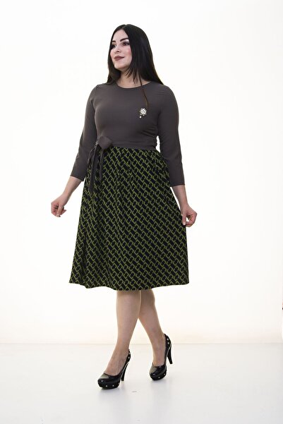 modayız Green Flared Skirt Plus Size Dress 25B-094399