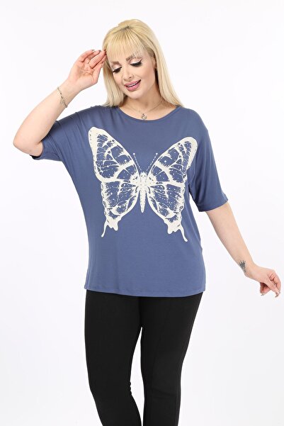 modayız Tricou cu imprimeu fluture cu pietre mărime mare 37B-2096