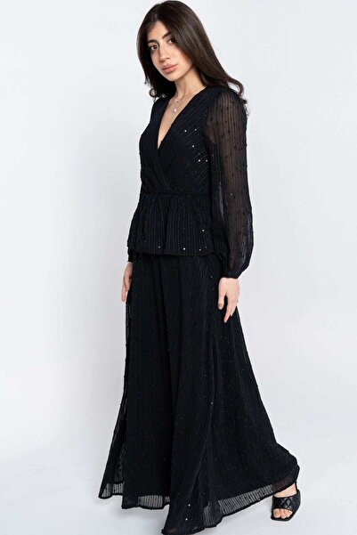 Nichii Long Maxi Dress with Sheer Long Sleeves and Seven Neckline