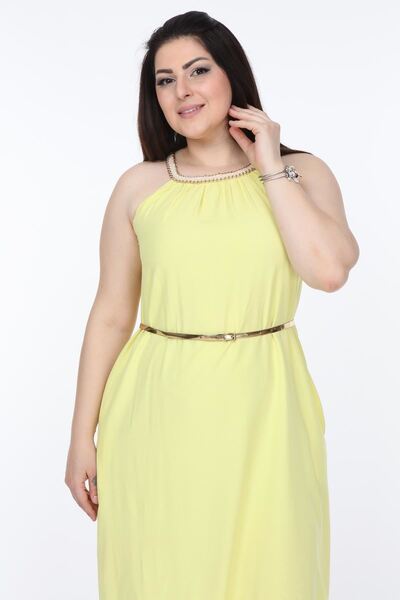 modayız Yellow Plus Size Dress with Collar Detail 1E-1045