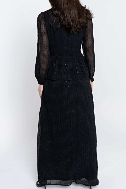 Nichii Long Maxi Dress with Sheer Long Sleeves and Seven Neckline