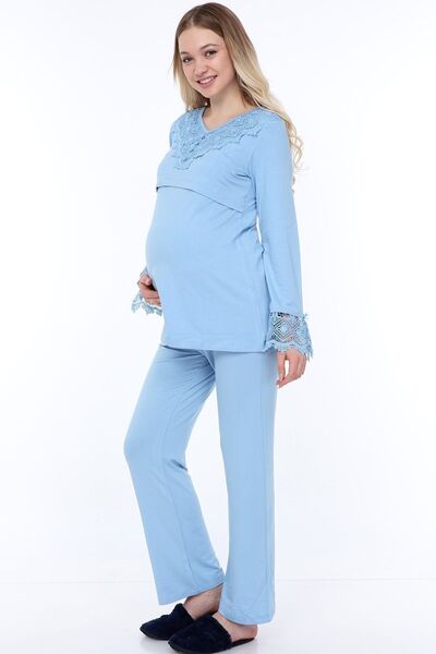 Luvmabelly Myra9511 - Dantelli Düğmeli Flaplı Hamile Pijama Takımı - Mavi