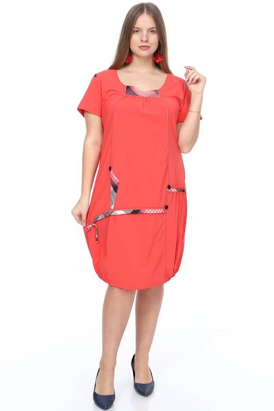modayız Summer Garnished Coral Plus Size Dress 14F-0890