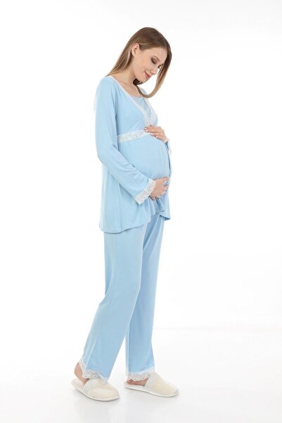 Luvmabelly Myra9707 Dantelli Emzirme Hamile Pijama Takımı -mavi