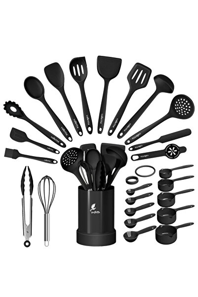 valletta طقم ملاعق سيليكون أسود مكون من 25 قطعة - مقاوم للحرارة ومقاوم للحريق وغير لاصق