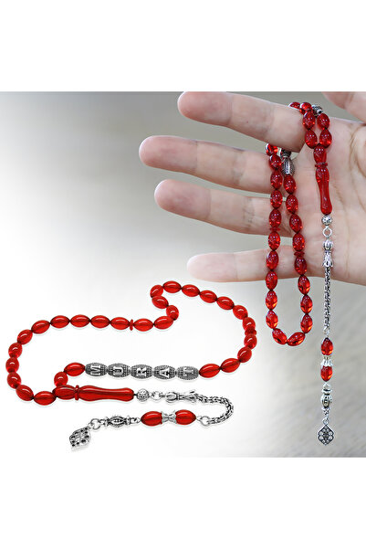 Tesbihane Kararmaz Metal Püsküllü Kişiye Özel İsim Yazılı Arpa Kesim Amber Kırmızı Ateş Kehribar Tesbih