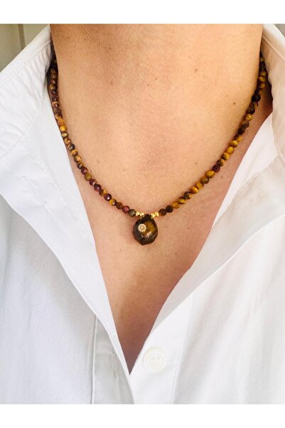 DEVİ fashion Tiger Eye Natural Stone Drop Necklace 45 cm