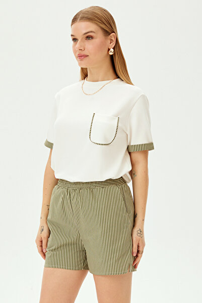 Allyco Beli Lastikli Kısa Çizgi Detaylı Rahat Kalıp Pamuklu Şort