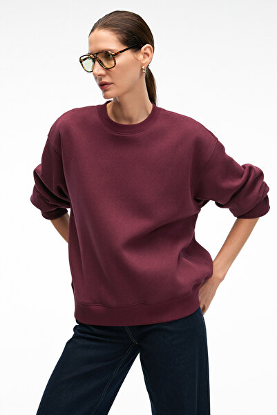GRIMELANGE Esme Women's Oversize Round Neck, Sleeve and Hem Cuff Burgundy Sweatshirt