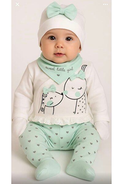 Baby Blue Little Mouse Güpürlü 5li Zıbın Takımı Bebek Hastane Çıkışı Bereli Fularlı %100 Pamuk