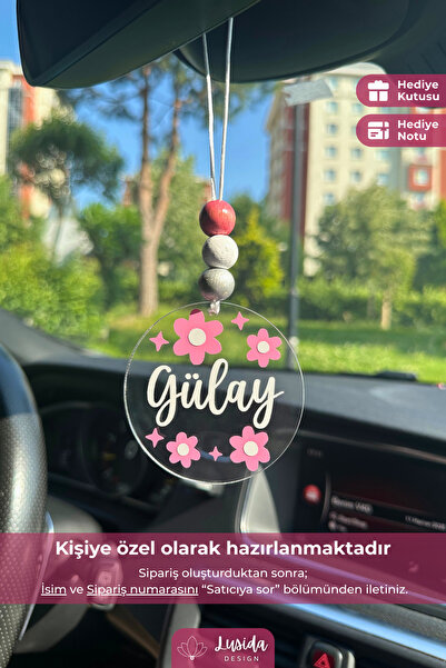 lusidadesign Pembe Çiçek Tasarımlı Kişiye Özel Dikiz Aynası Süsü Hediye Kutul...