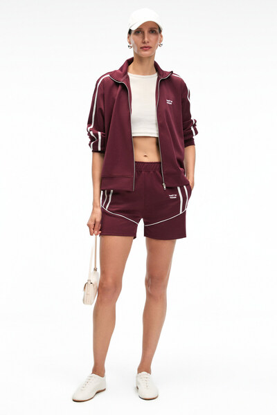 GRIMELANGE Zinnie Women's Regular Embroidery and Side Stripe Detailed Metal Zipper Stand Collar Claret Red Jacket