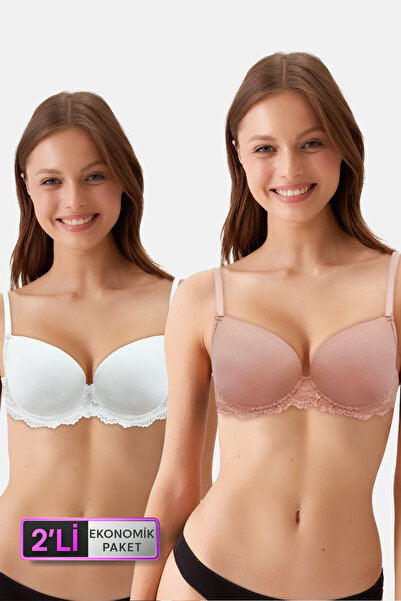 Pierre Cardin Economic Pack of 2 Ecru - Pink Nude 6807 Kansas Lace Micro Satin Bra Set (With D Cup Option)