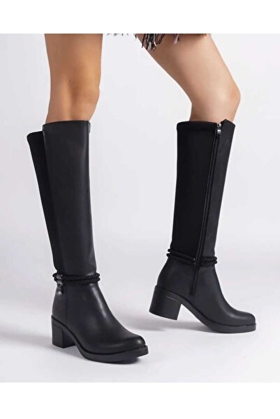 Ymn ayakkabı Siyah Kadın Çizme Topuklu Fermuarlı