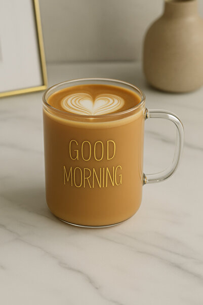 YzHome كوب صباح الخير من زجاج بوروسيليكات سعة 400 مل مع كتابة باللون الذهبي