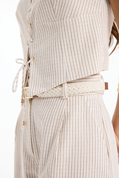 Quzu Hasır Kemerli İnce Çizgili Keten Pantolon Naturel