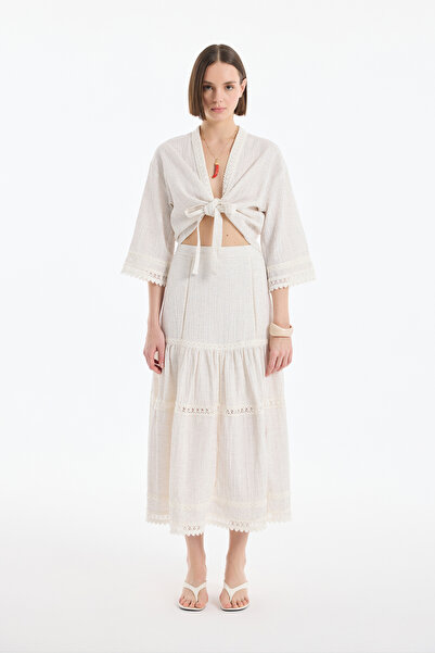 Quzu Dantel Detaylı Volanlı Midi Etek Naturel