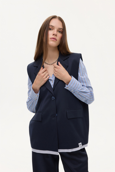 Quzu Oversize Vest Jacket with Fabric Garnish and Label Accessories Navy Blue