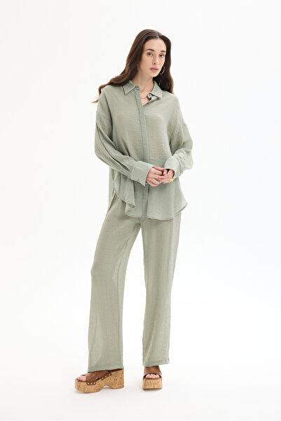 Quzu Buttoned Oversize Textured Shirt Khaki