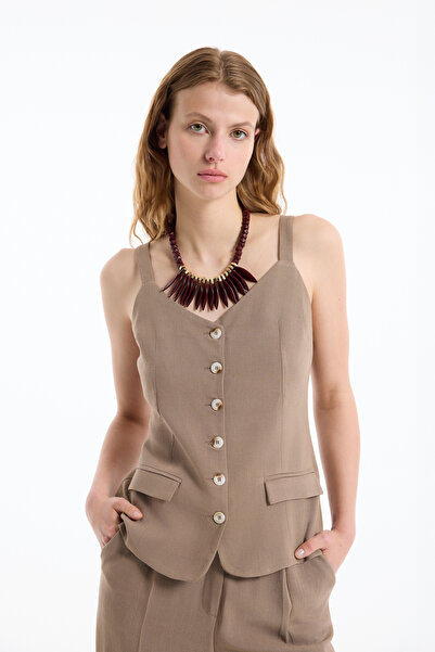 Quzu Λινό μπλούζα με κουμπιά και κρεμαστό κάλυμμα τσέπης - καφέ