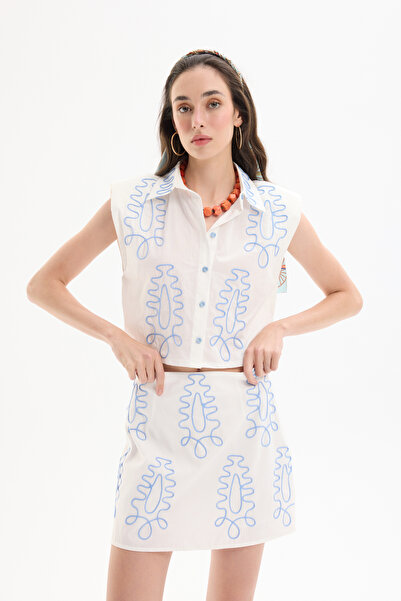 Quzu Etnik Motif Nakışlı Vatkalı Gömlek Ekru