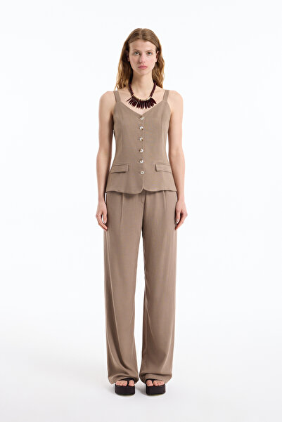 Quzu Λινό μπλούζα με κουμπιά και κρεμαστό κάλυμμα τσέπης - καφέ