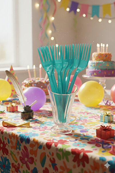 Deniz Party Store Turquoise Color Plastic Disposable Fork 25 Pieces