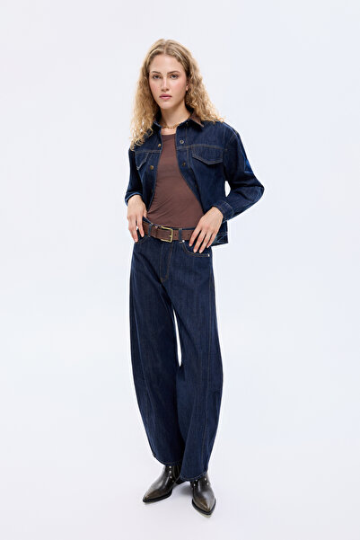 Quzu High Waist Baggy Jeans Trousers Navy Blue