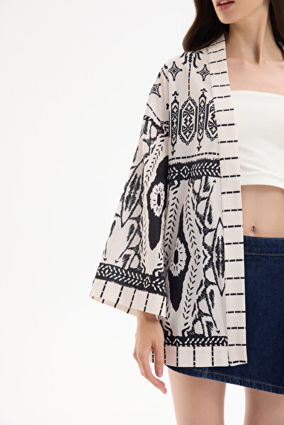 Quzu Bohemian Patterned Shawl Collar Short Kimono Ecru