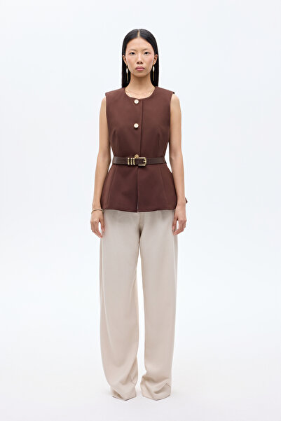 Quzu Κουμπιά Αμάνικο Γιλέκο με Αξεσουάρ Ζώνης Καφέ