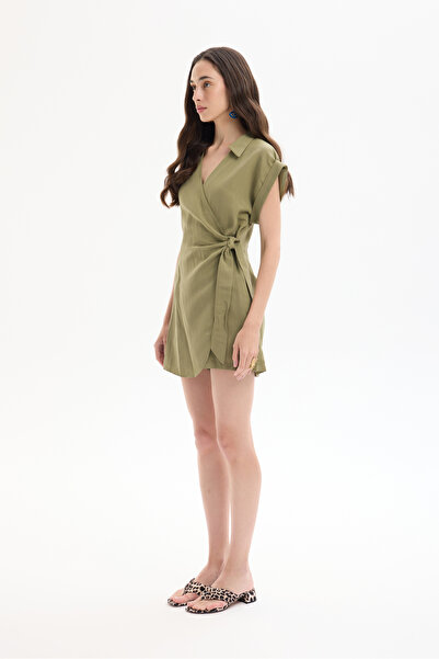 Quzu Kruvaze Yaka Beli Bağlamalı Şort Tulum Haki