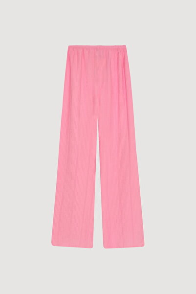 Quzu Wide Leg Trousers - Pink Seersucker Fabric