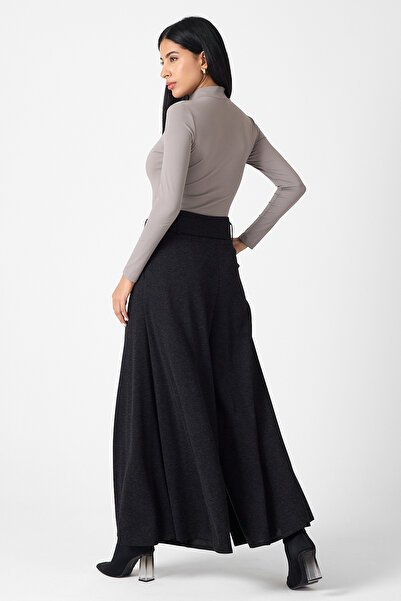 Guzella Kuşak Detaylı Bol Paça Kışlık Yün Antrasit Pantolon