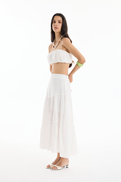 Quzu Volanlı Katlı Midi Etek Ekru
