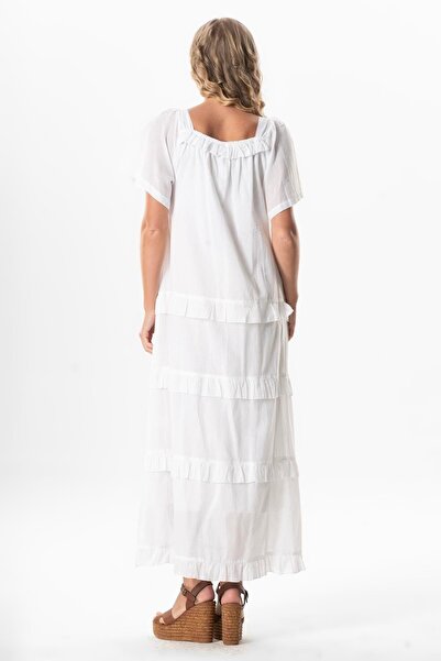 Eliş Şile Bezi Rochie de vară lungă cu mânecă scurtă din voile Leman cu guler pătrat, alb Byz