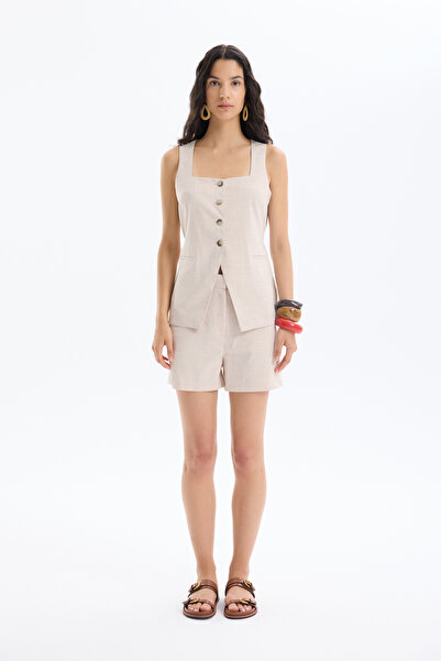 Quzu Cep Detaylı Mini Şort Naturel