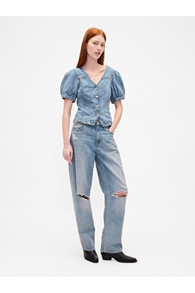GAP Kadın Mavi Denim Puff-Sleeve Seamed Üst