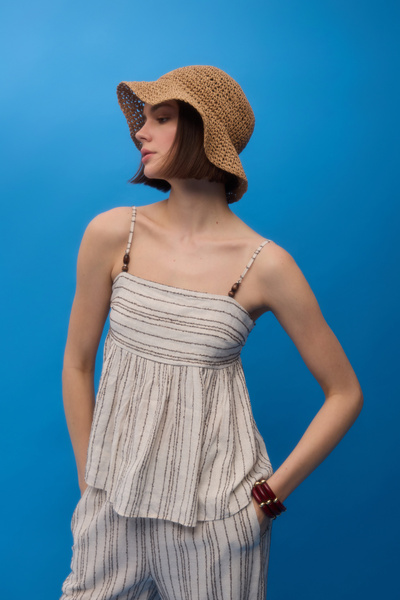 Quzu Thin Striped Linen Blouse with Bow Tie on the Back Natural