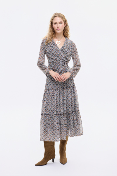 Quzu Μπλούζα με διπλό δέσιμο με ρετρό γεωμετρικό σχέδιο καφέ