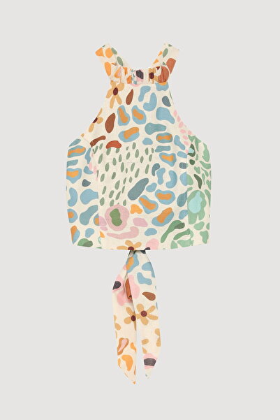 Quzu Λινό Crop Μπλούζα με μοτίβο που δένει την πλάτη Natural