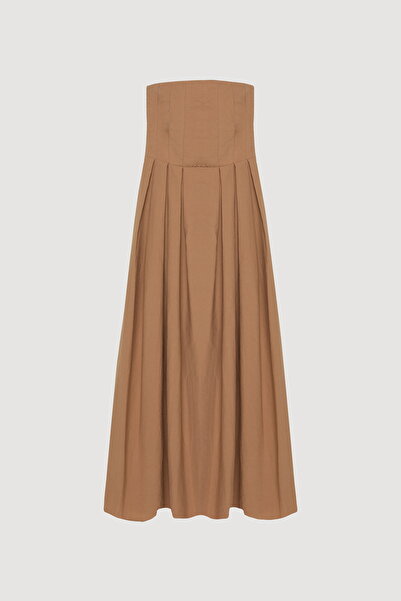 Quzu Strapless Pleated Detailed Long Dress Brown