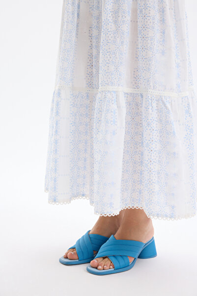 Quzu Desenli Volanlı Midi Boy Etek Ekru