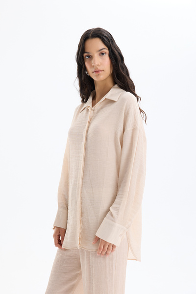 Quzu Düğmeli Oversize Dokulu Gömlek Taş