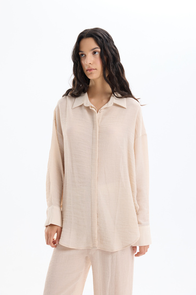 Quzu Düğmeli Oversize Dokulu Gömlek Taş