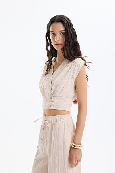 Quzu Αμάνικη μπλούζα με κουμπιά με τσαλακωμένη εμφάνιση μπεζ